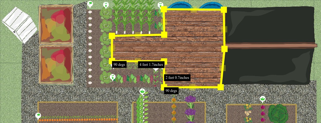 Screenshot of our allotment planner showing distance to, and angle at each point of the point being dragged on a freeform deck