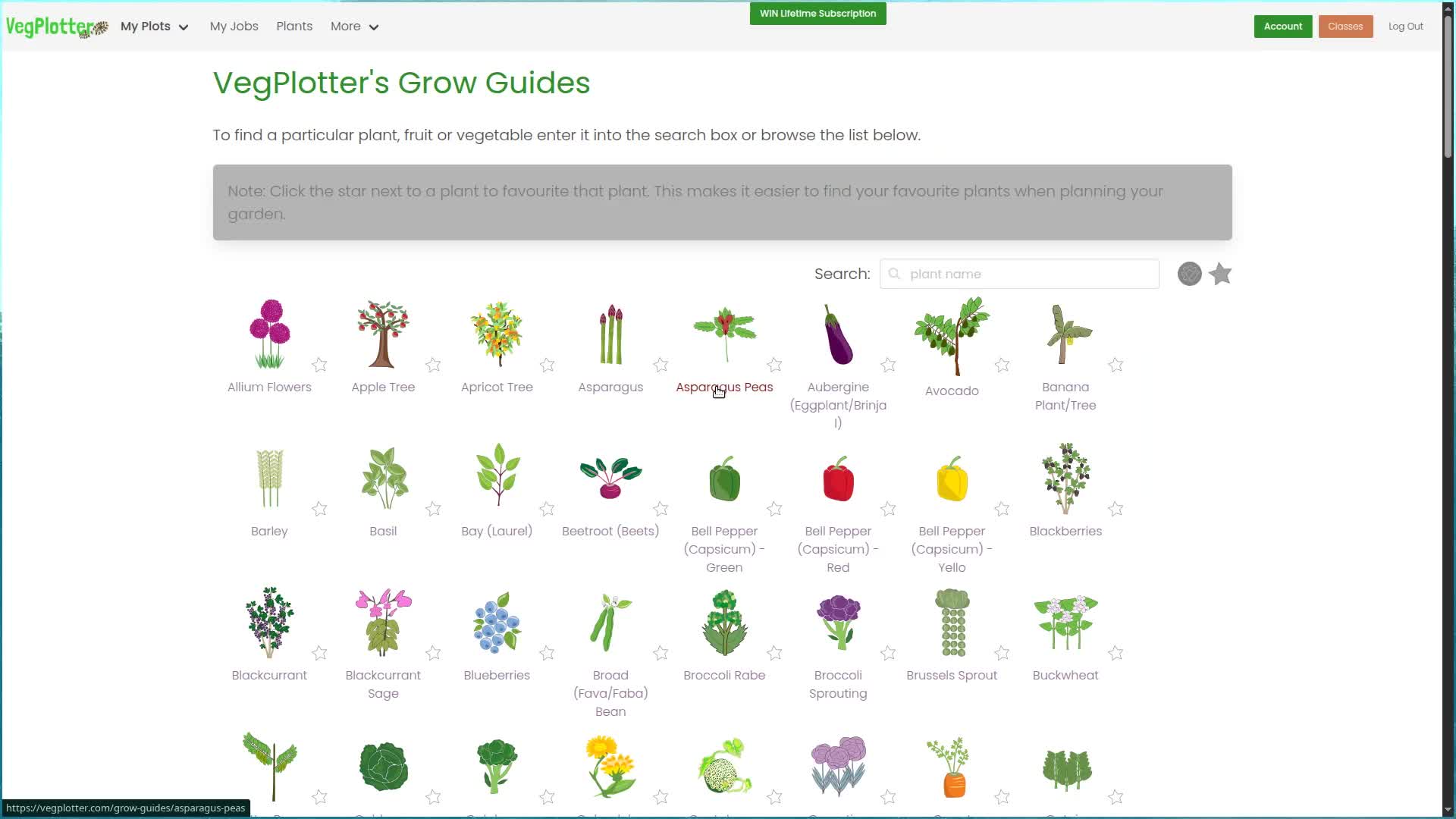 screenshot of the plants section of vegplotter with the user favouriting plants.