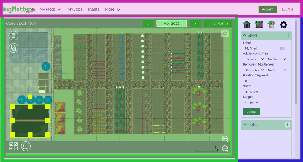 Screenshot of the Garden Planner page of VegPlotter with the three key areas highlighted