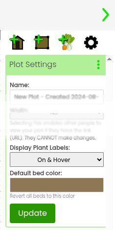Screenshot showing the plot settings menu and the default bed color field in VegPlotter